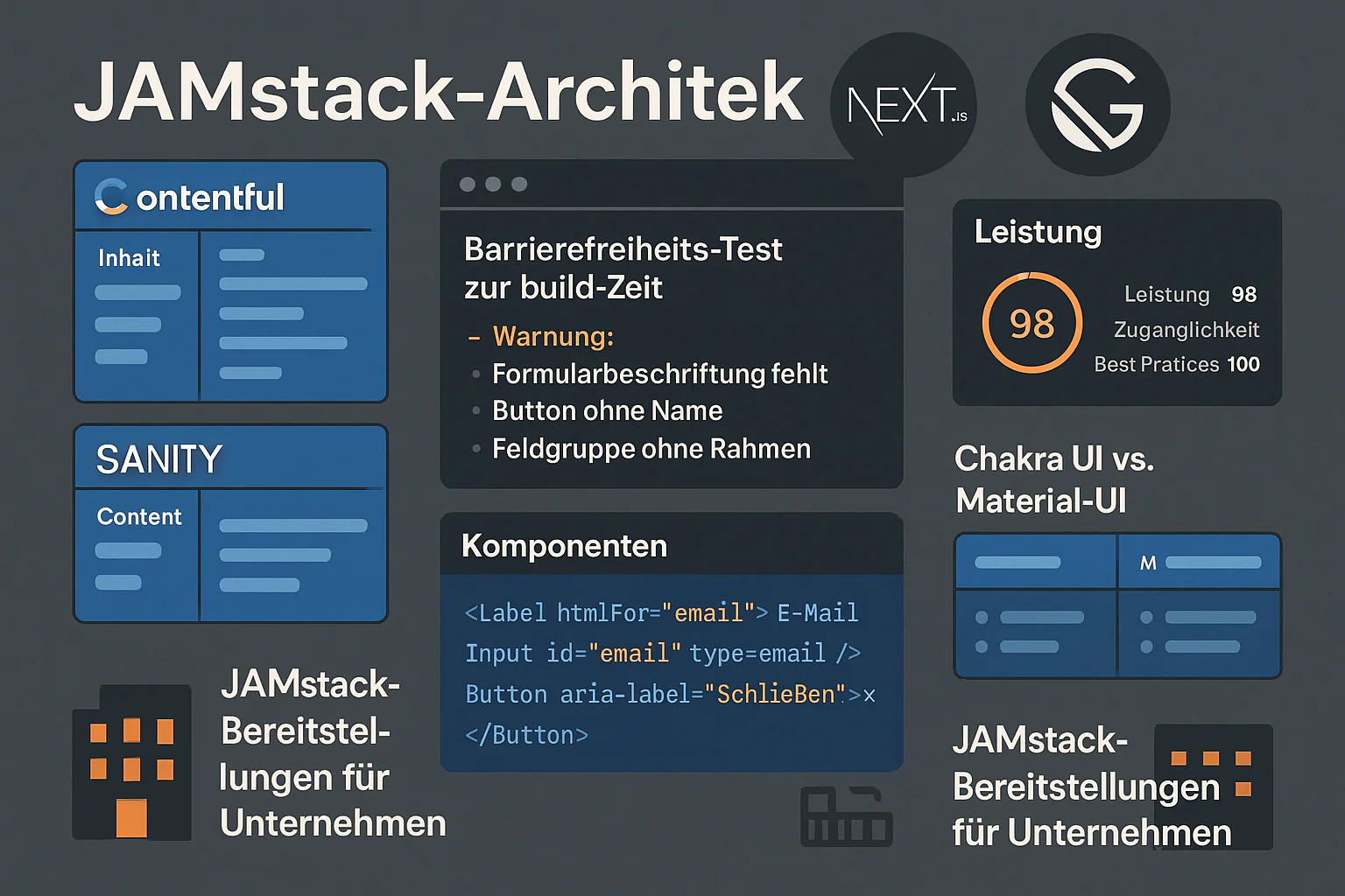 JAMstack Development Dashboard mit Next.js/Gatsby Accessibility Features, Headless CMS Integration und WCAG 2.2 Testing Tools